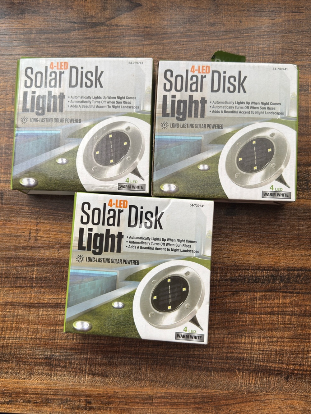 Solar Disk Lights 4 LED Warm White Outdoor In-Ground Lighting Set Of 3 New